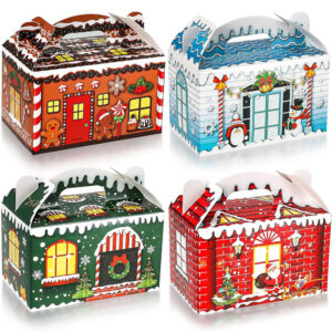 Christmas Treat Boxes, Plaid Santa Elf Snowman Elk Gingerbread Xmas Cardboard Present Candy Cookie Boxes with Handles - img 01