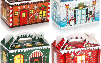 Christmas Treat Boxes, Plaid Santa Elf Snowman Elk Gingerbread Xmas Cardboard Present Candy Cookie Boxes with Handles, 4 Designs (Vivid Style)