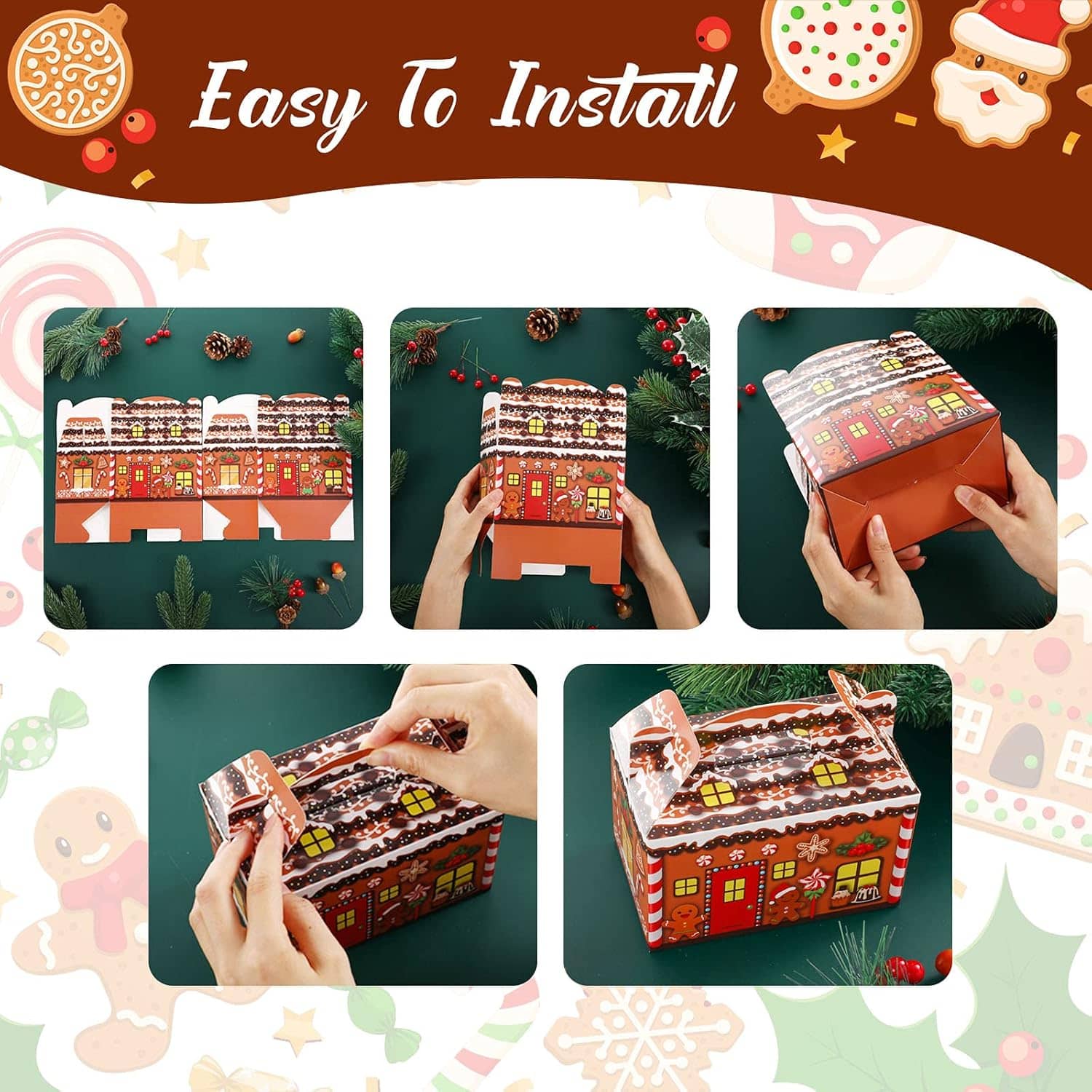 Christmas Treat Boxes, Plaid Santa Elf Snowman Elk Gingerbread Xmas Cardboard Present Candy Cookie Boxes with Handles - img 03