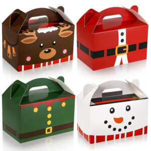 Christmas Treat Boxes, 4 Designs (Cute Style) Santa Elf Snowman Elk Gingerbread Xmas Cardboard Boxes with Handles - img 01