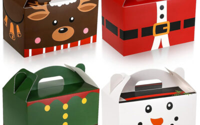 Christmas Treat Boxes, 4 Designs (Cute Style) Santa Elf Snowman Elk Gingerbread Xmas Cardboard Boxes with Handles