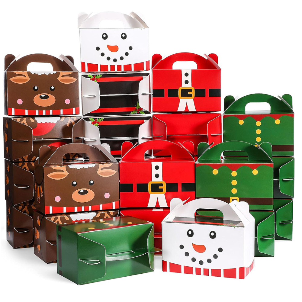 Christmas Treat Boxes, 4 Designs (Cute Style) Santa Elf Snowman Elk Gingerbread Xmas Cardboard Boxes with Handles - img 02