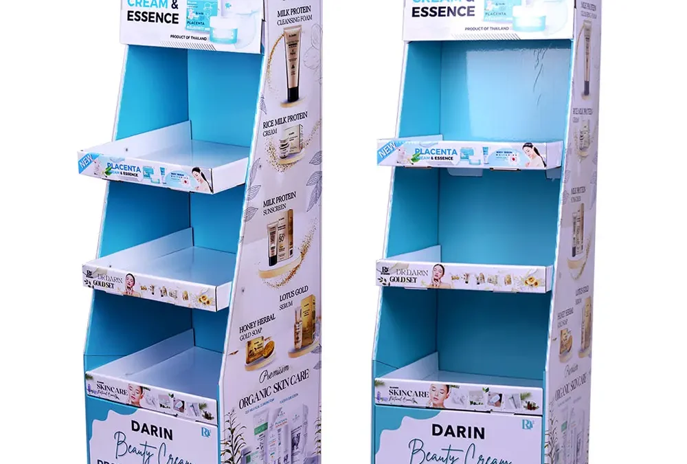 Custom Cardboard Floor Display Stand for Makeup & Skincare – Durable & Eye-Catching