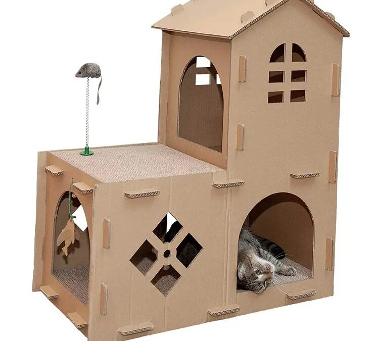 Cardboard Cat 2-Storey Play House with Window & Tower of Easy to Assemble Carton for Kittens