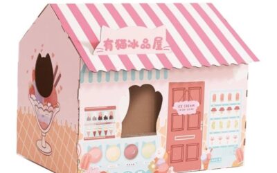 Cardboard Cat Cottage as Play House or Sleep Bed of Easy to Assemble Carton with Window for Kittens ( Pink tone)