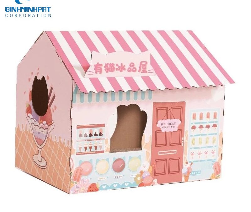 Cardboard Cat Cottage as Play House or Sleep Bed of Easy to Assemble Carton with Window for Kittens ( Pink tone)