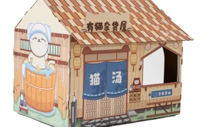 Cardboard Cat as Play House or Sleep Bed of Easy to Assemble Carton with Window for Kittens (Brown Tone)