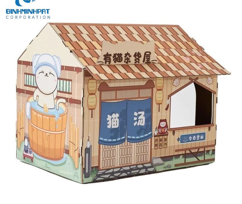 Cardboard Cat as Play House or Sleep Bed of Easy to Assemble Carton with Window for Kittens (Brown Tone)