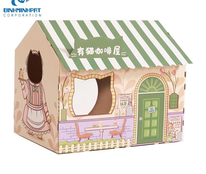 Cardboard Cat as Play House or Sleep Bed of Easy to Assemble Carton with Window for Kittens (Green tone)