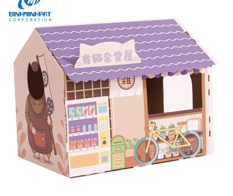 Cardboard Cat as Play House or Sleep Bed of Easy to Assemble Carton with Window for Kittens (Purple Tone)