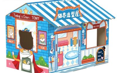 Cardboard Cat as Play House or Sleep Bed of Easy to Assemble Carton with Window for Kittens (Blue Tone)